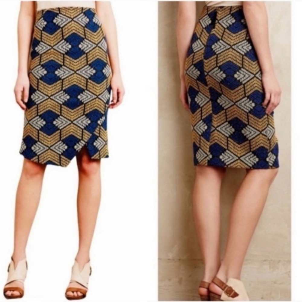 Anthropologie Maeve Kanara blue yellow skirt 6 P
